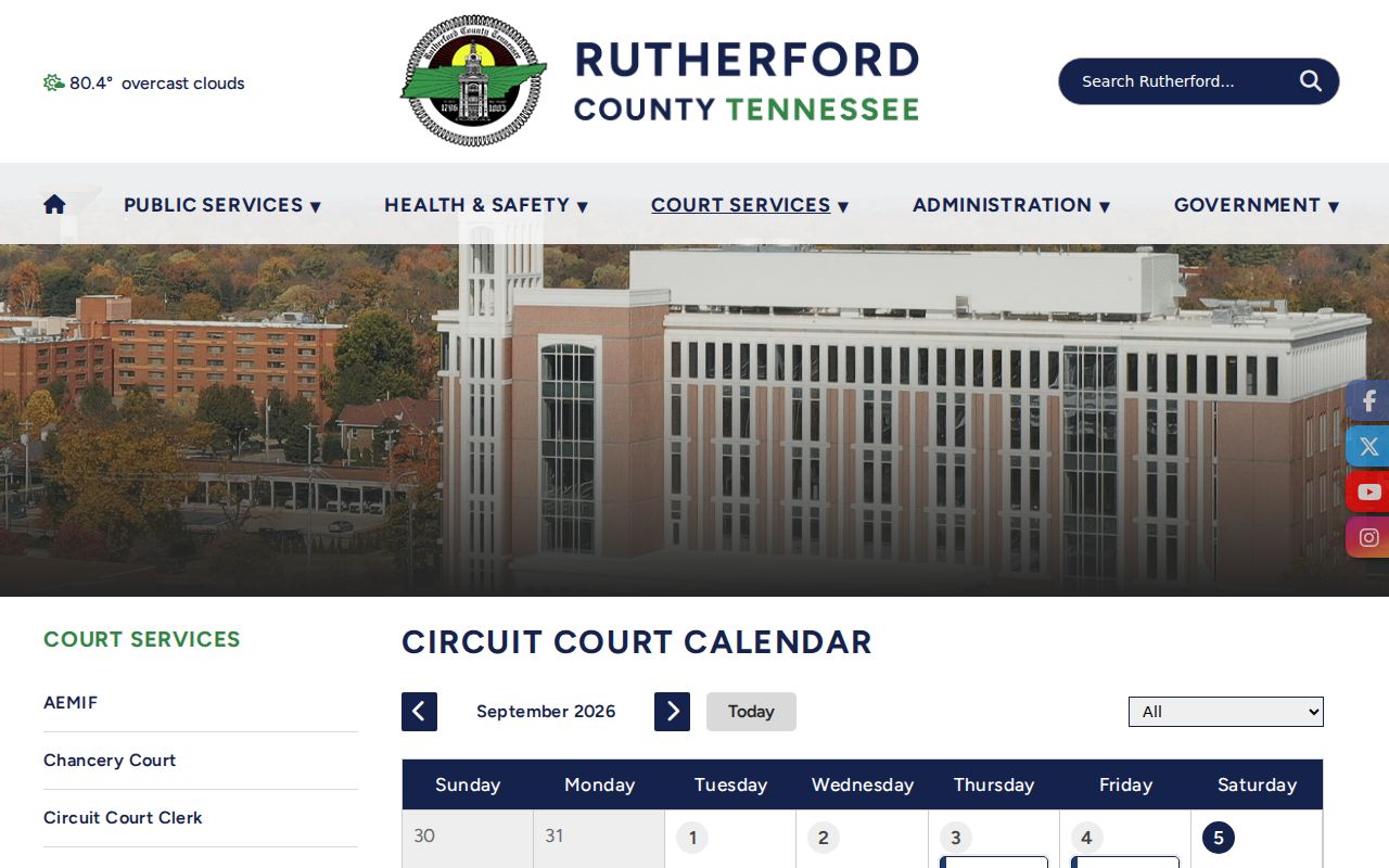 Rutherford County Circuit calendar Today button and weekday filters