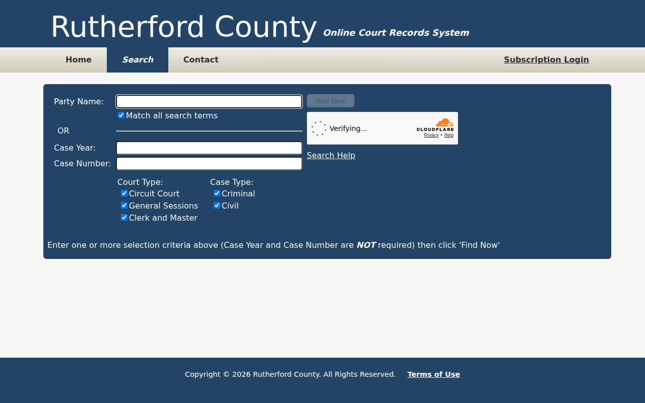 Rutherford County case lookup fields and Turnstile gate