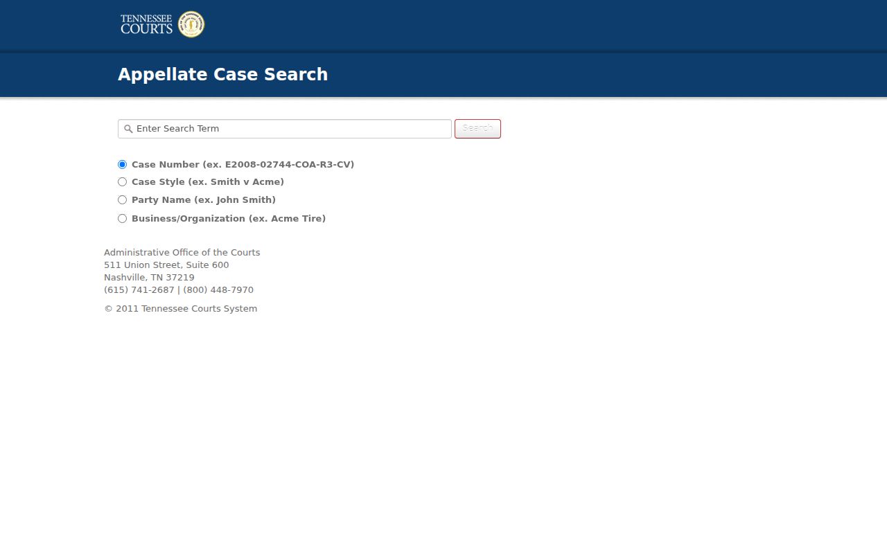Tennessee appellate search choices for case number, style, party, or organization