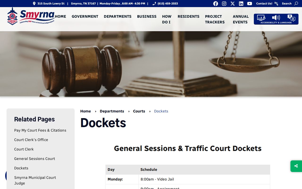 Smyrna court docket weekly schedule and official search link