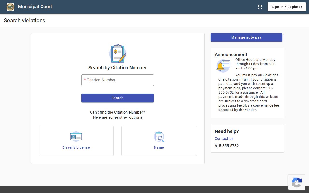 Smyrna court docket citation and license search fields